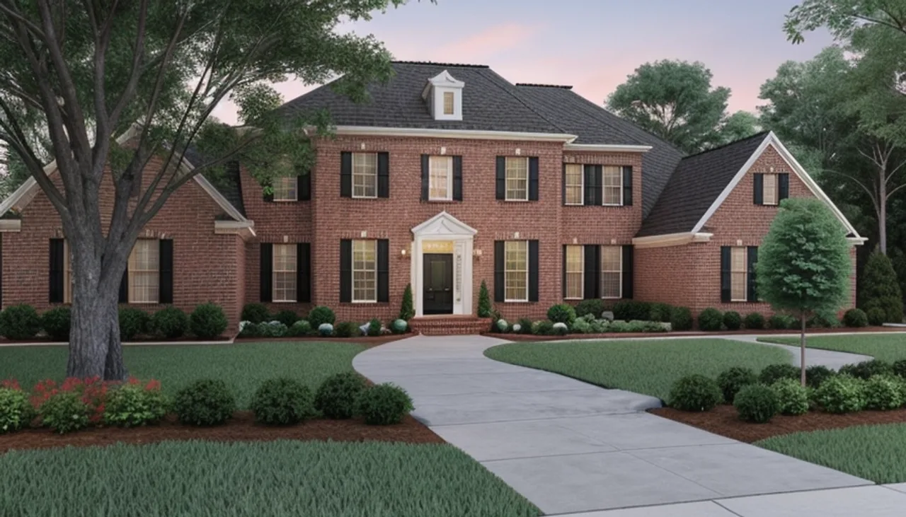 Rendimension concept render of a two-story brick home addition in Buckhead, Atlanta GA, matching a traditional estate facade with white trim and black shutters at dusk.