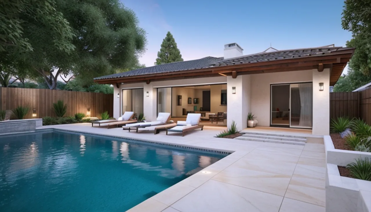 Rendimension concept render of a backyard pool in Carmel Valley, CA, modern California style.