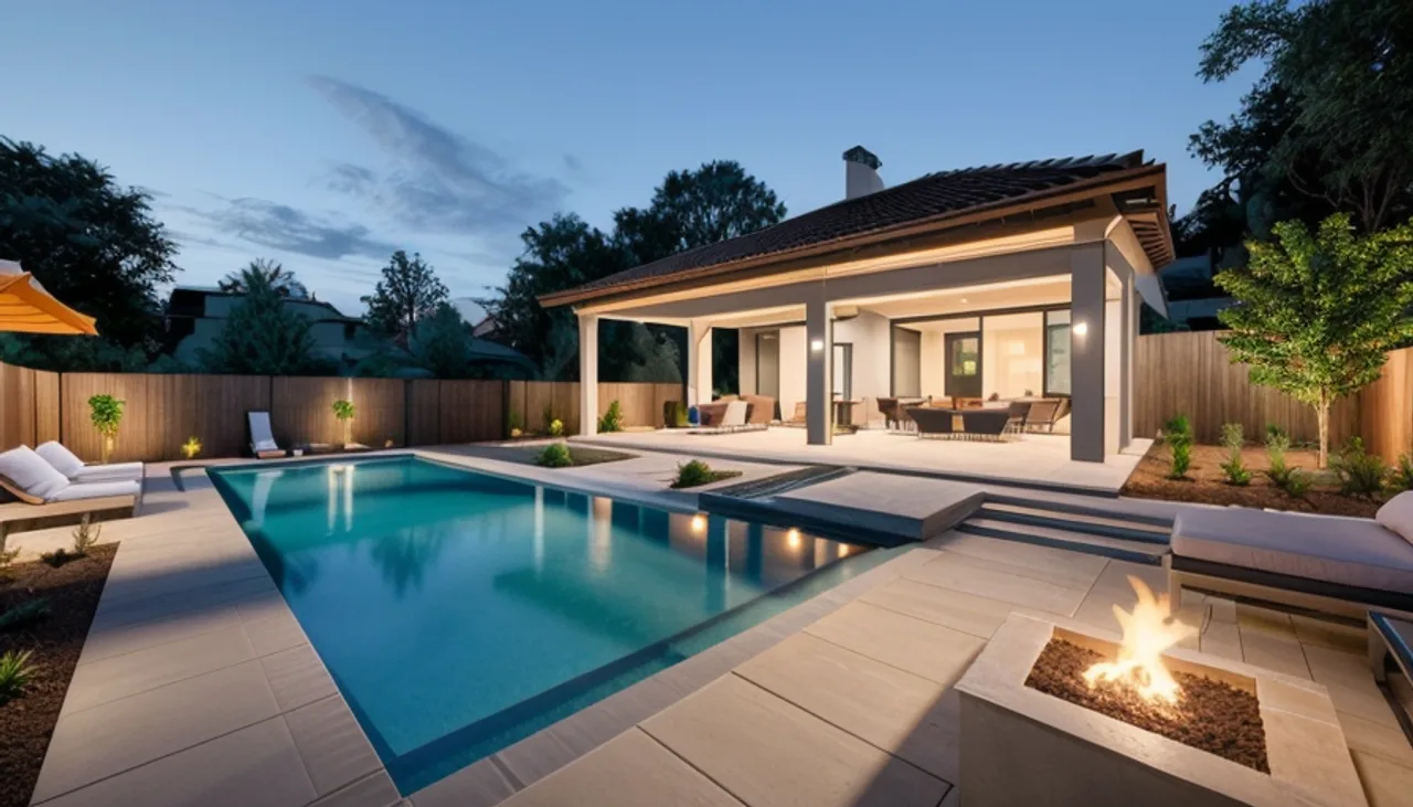Rendimension concept render of a backyard pool, contemporary style.