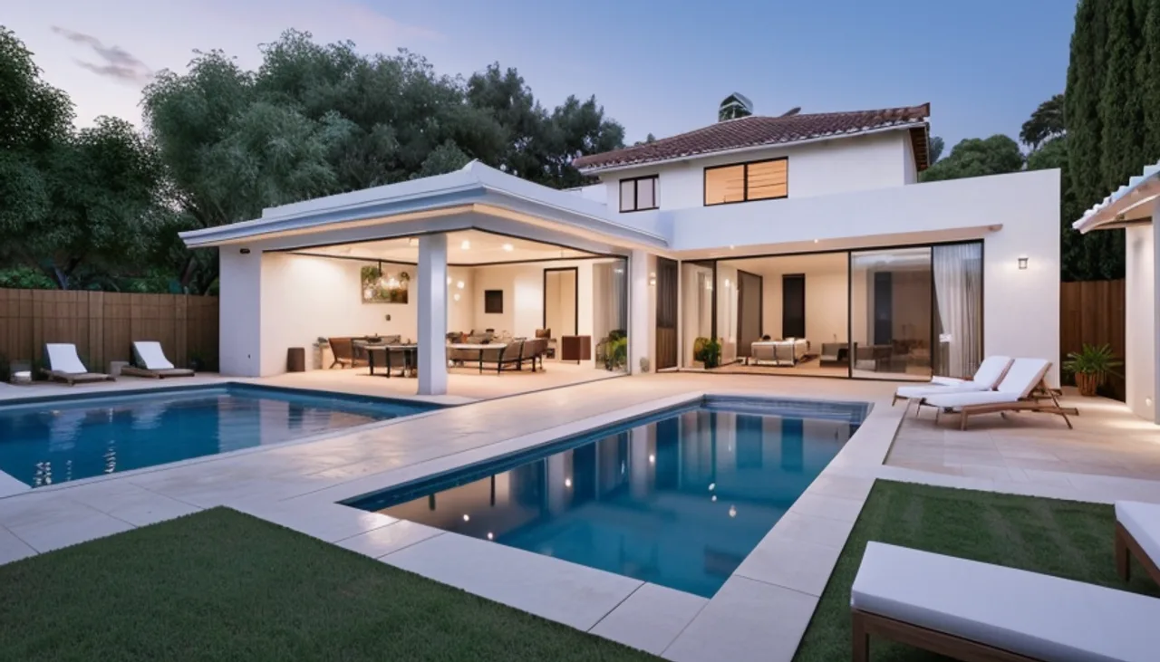Rendimension concept render of a backyard pool in Del Mar, CA, modern California style.