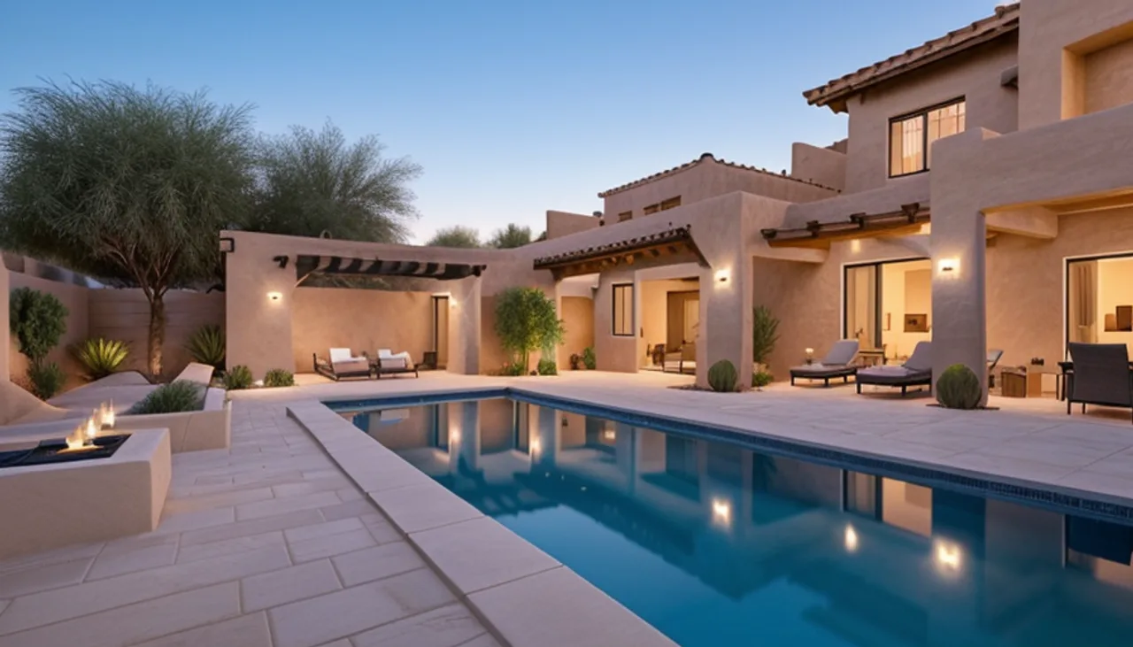 Rendimension concept render of a backyard pool in Gilbert, AZ, desert contemporary style.