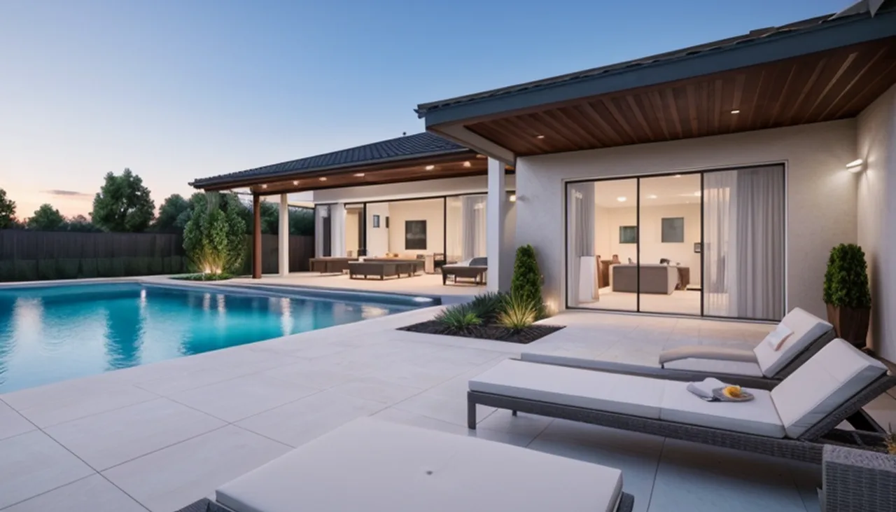 Rendimension concept render of a backyard pool in Irvine, CA, modern California style.
