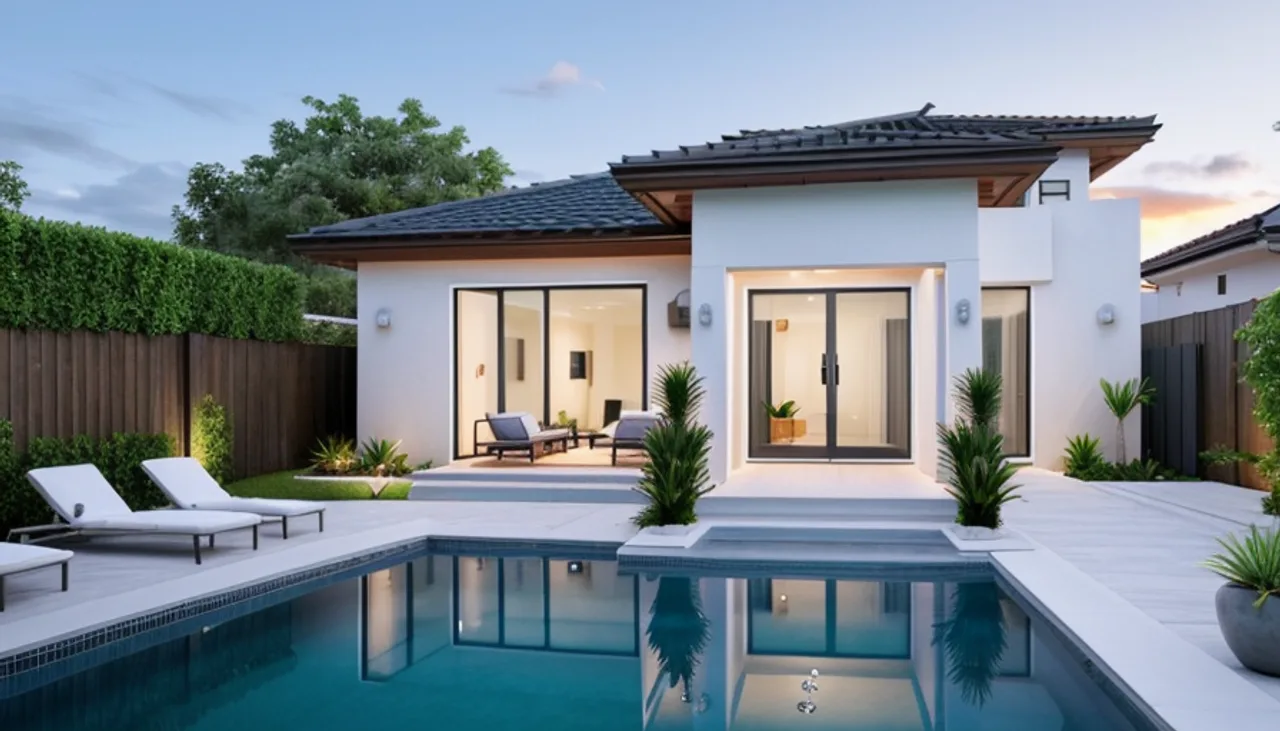 Rendimension concept render of a backyard pool in Jupiter, FL, coastal contemporary style.