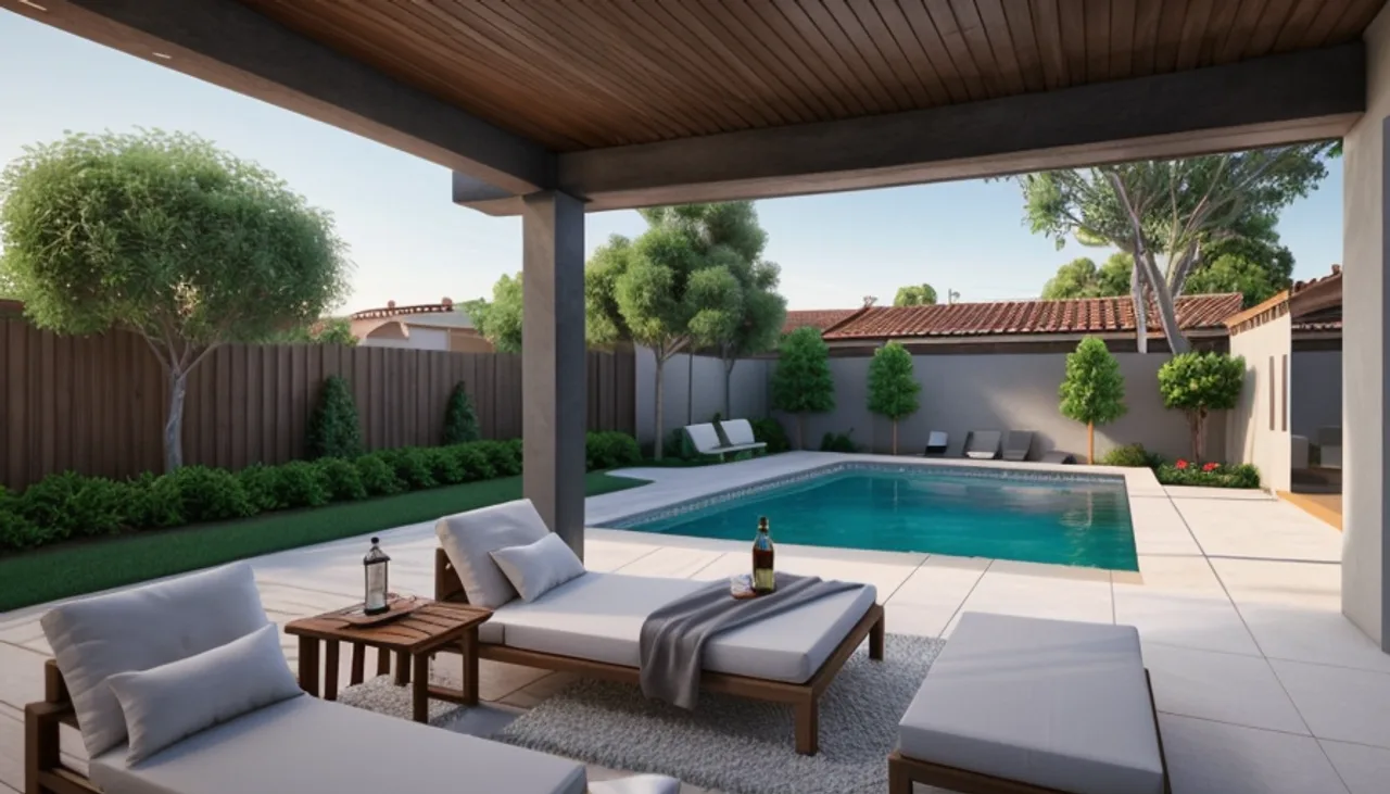 Rendimension concept render of a backyard pool in La Jolla, CA, modern California style.