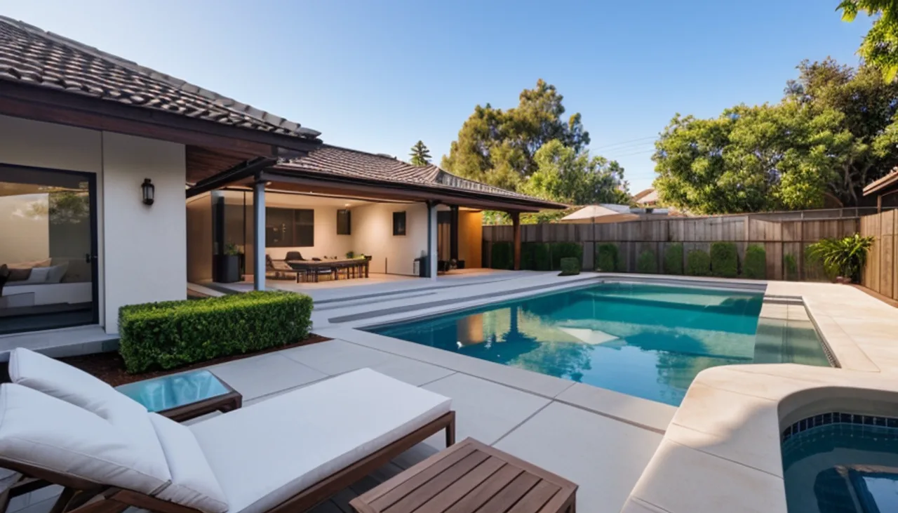Rendimension concept render of a backyard pool in Laguna Beach, CA, modern California style.
