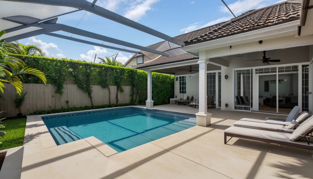 Rendimension concept render of a backyard pool in Lake Nona, FL, coastal contemporary style.