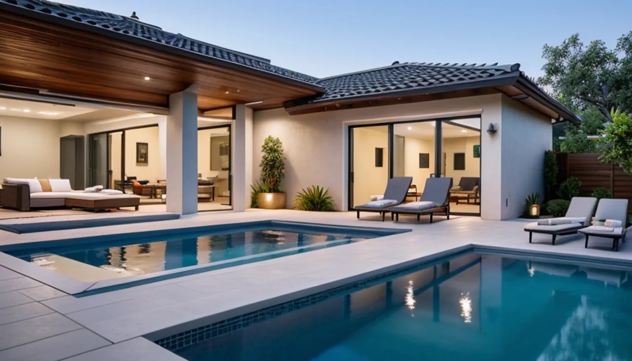 Rendimension concept render of a backyard pool in Newport Beach, CA, modern California style.