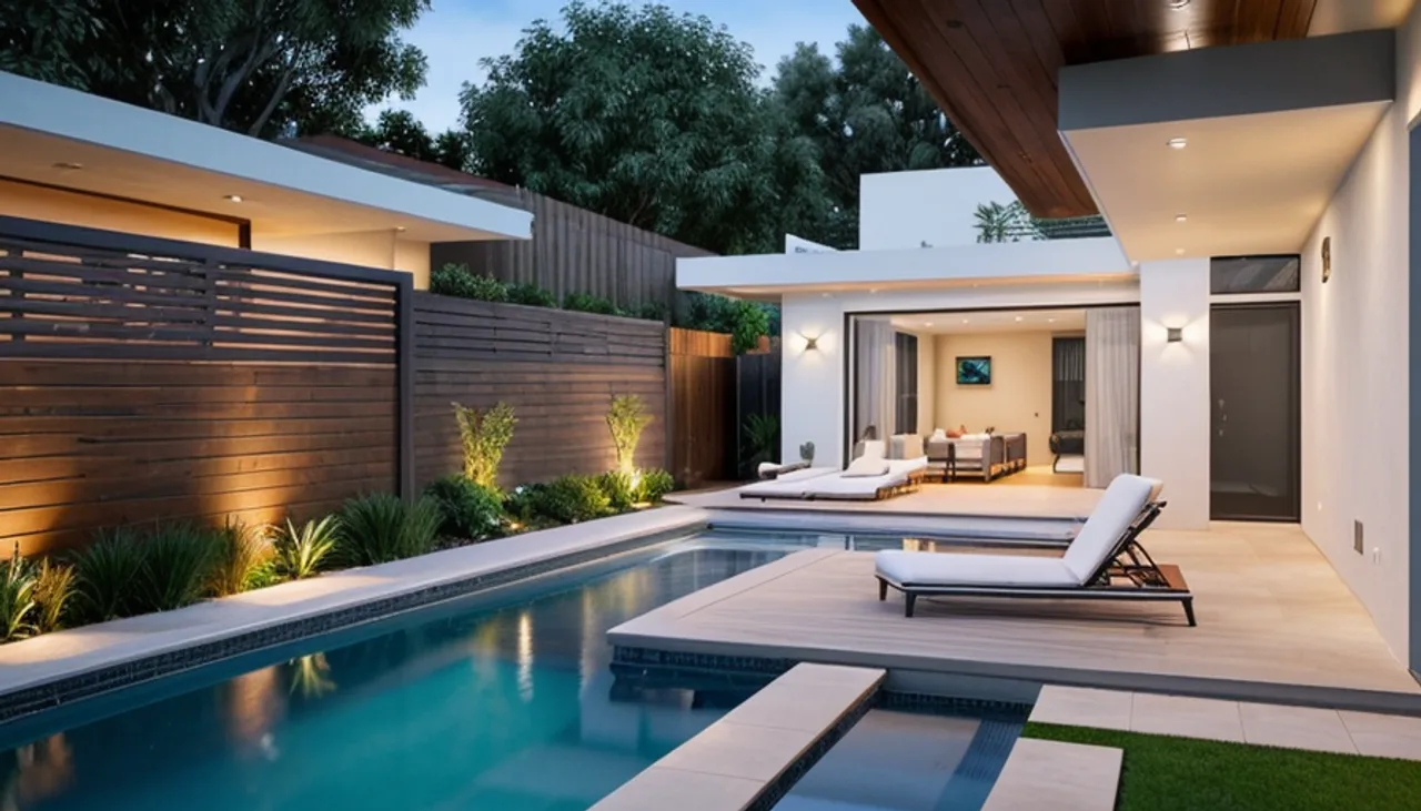 Rendimension concept render of a backyard pool in Orange County, CA, modern California style.