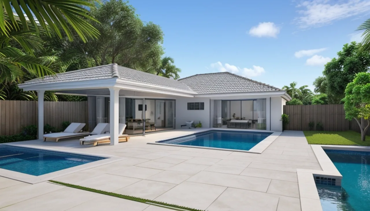 Rendimension concept render of a backyard pool in Orlando, FL, coastal contemporary style.