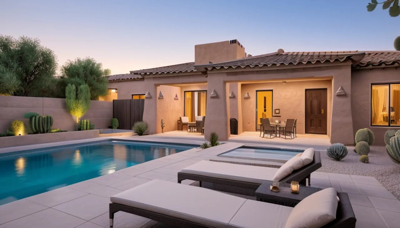 Rendimension concept render of a backyard pool in Phoenix, AZ, desert contemporary style.