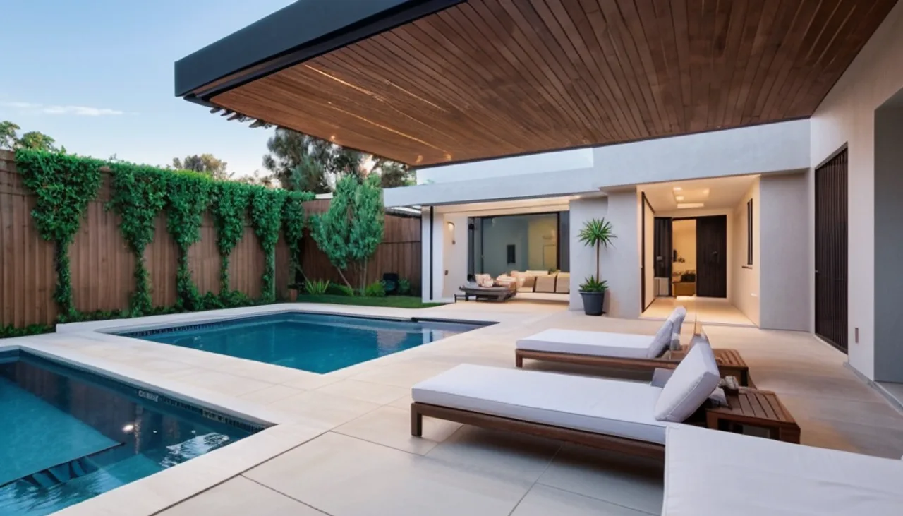 Rendimension concept render of a backyard pool in San Diego, CA, modern California style.