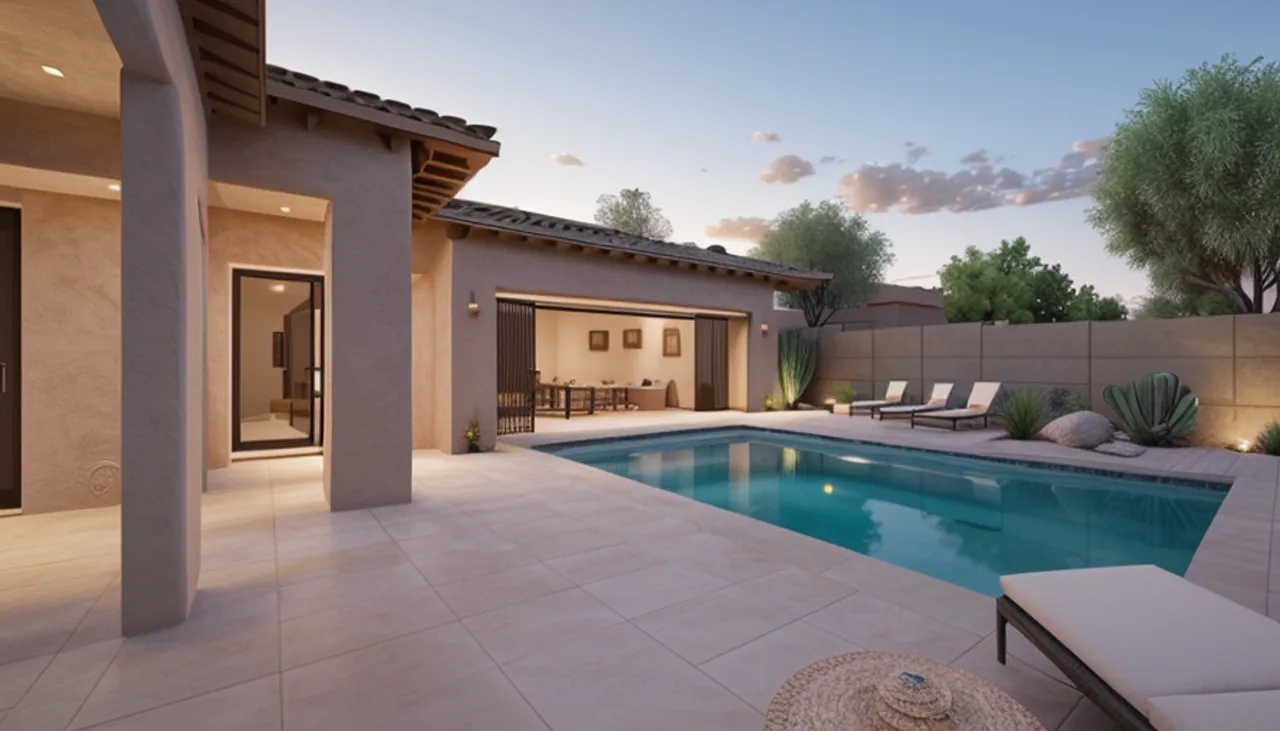 Rendimension concept render of a backyard pool in Scottsdale, AZ, desert contemporary style.