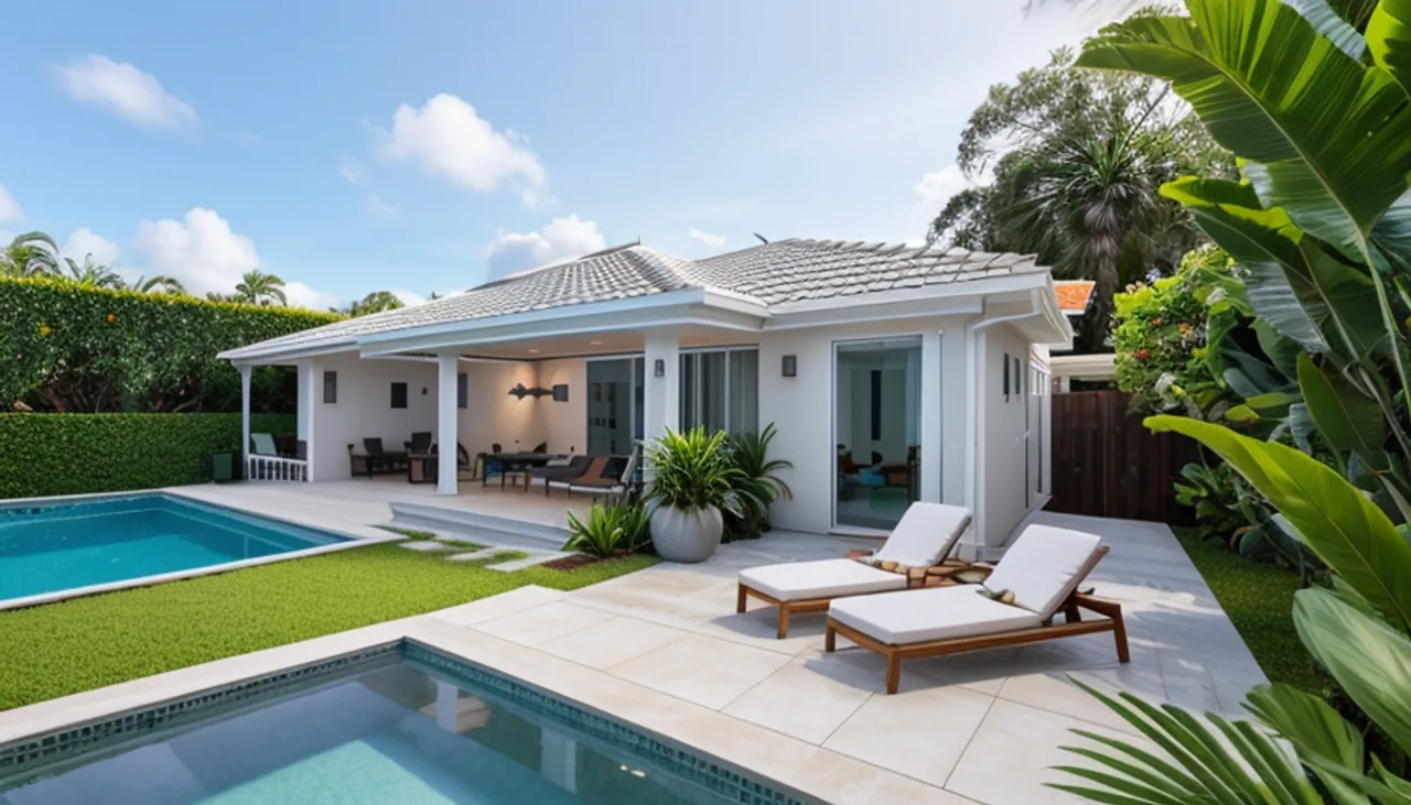 Rendimension concept render of a backyard pool in Wellington, FL, coastal contemporary style.