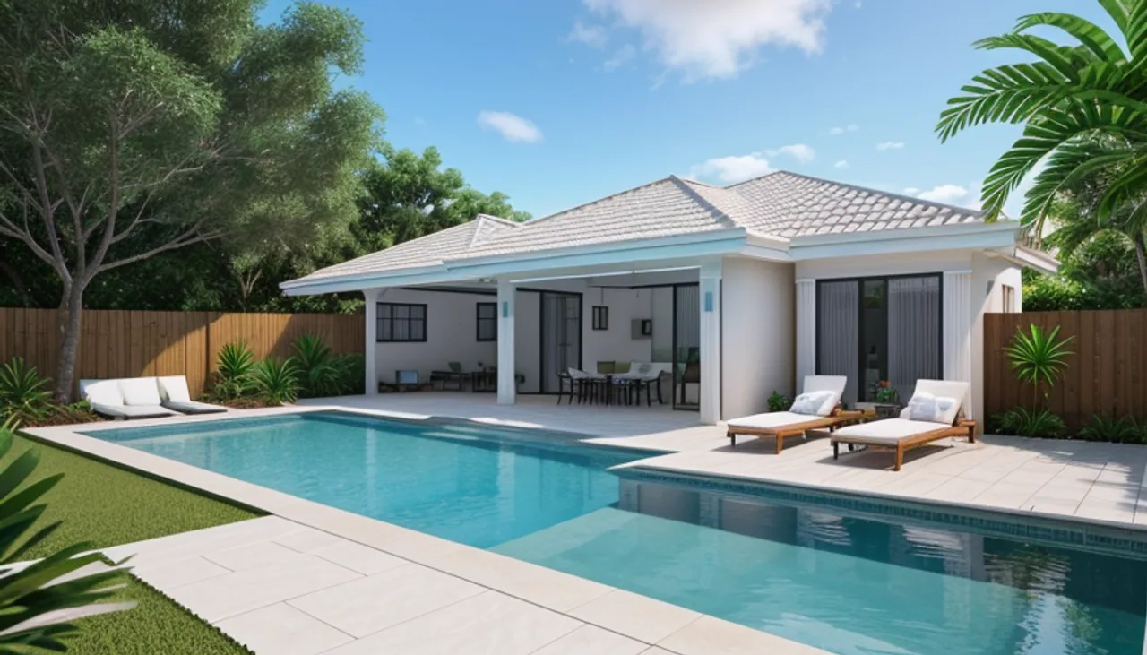 Rendimension concept render of a backyard pool in Wesley Chapel, FL, coastal contemporary style.