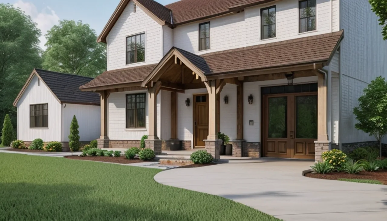 Rendimension concept render of a home exterior in Brentwood, TN, transitional farmhouse style.