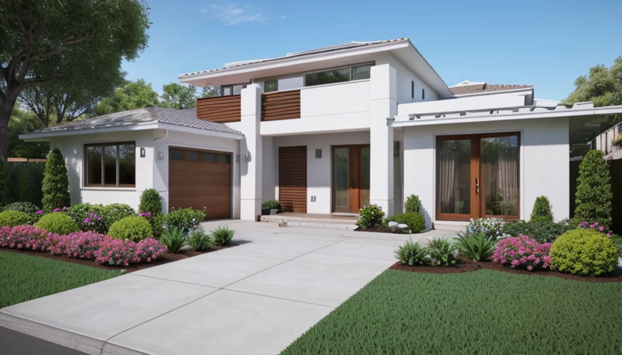 Rendimension concept render of a home exterior in Cupertino, CA, modern California style.