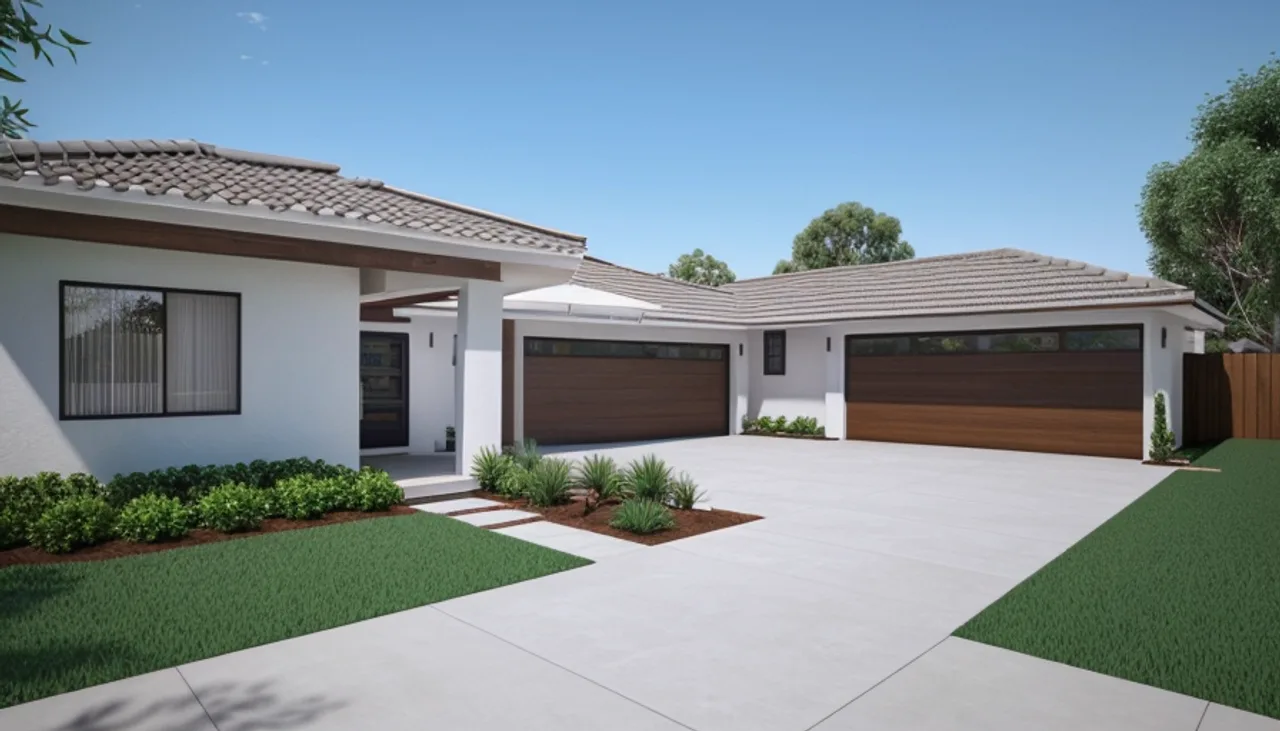 Rendimension concept render of a home exterior in Del Mar, CA, modern California style.