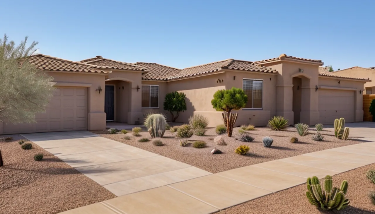 Rendimension concept render of a home exterior in Gilbert, AZ, desert contemporary style.