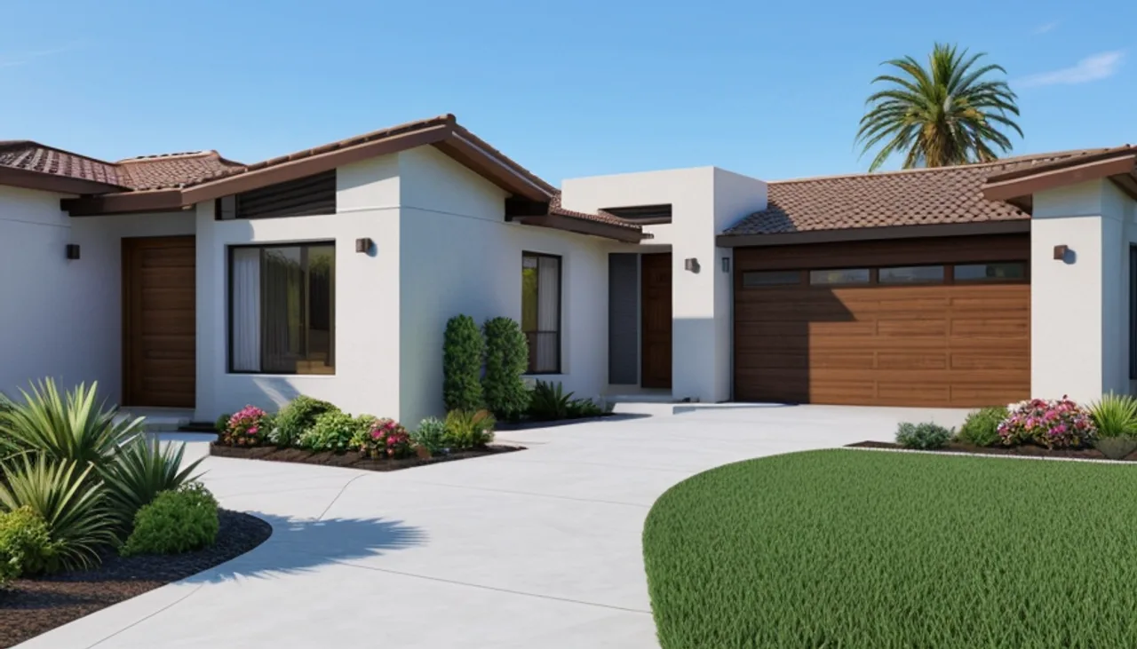 Rendimension concept render of a home exterior in Laguna Beach, CA, modern California style.
