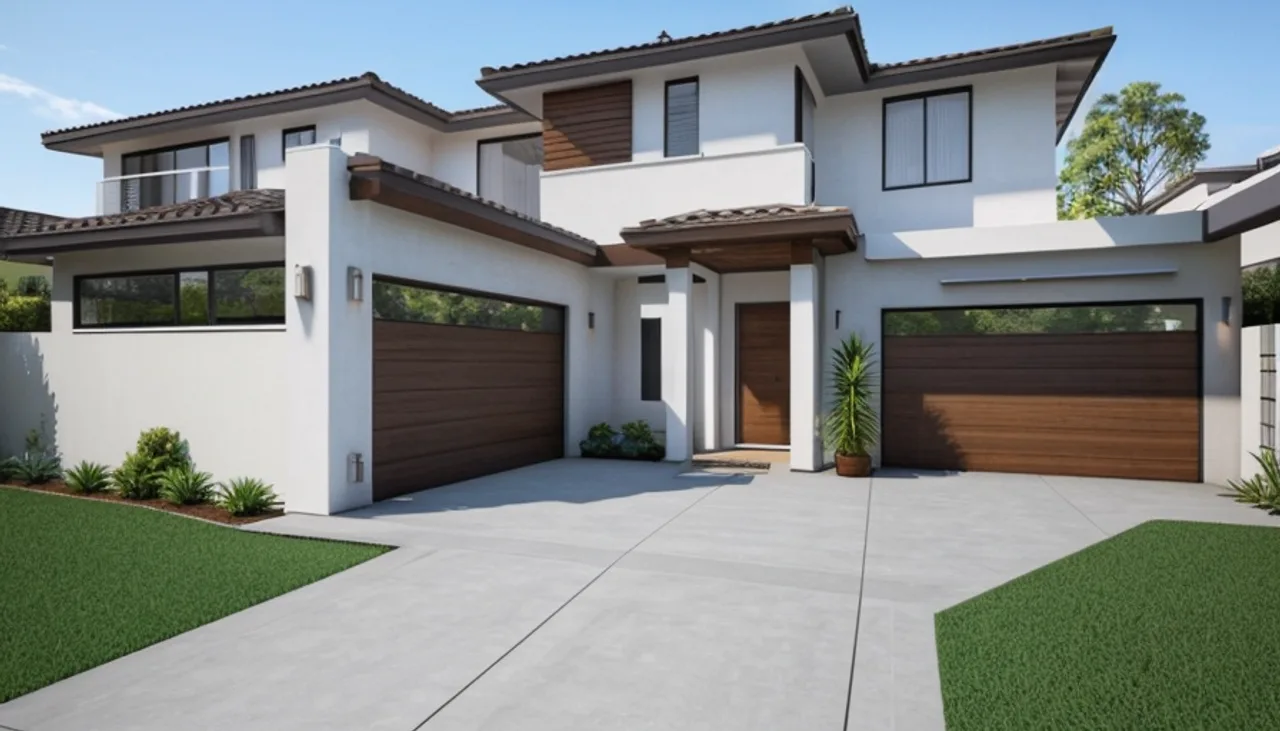 Rendimension concept render of a home exterior in Newport Beach, CA, modern California style.