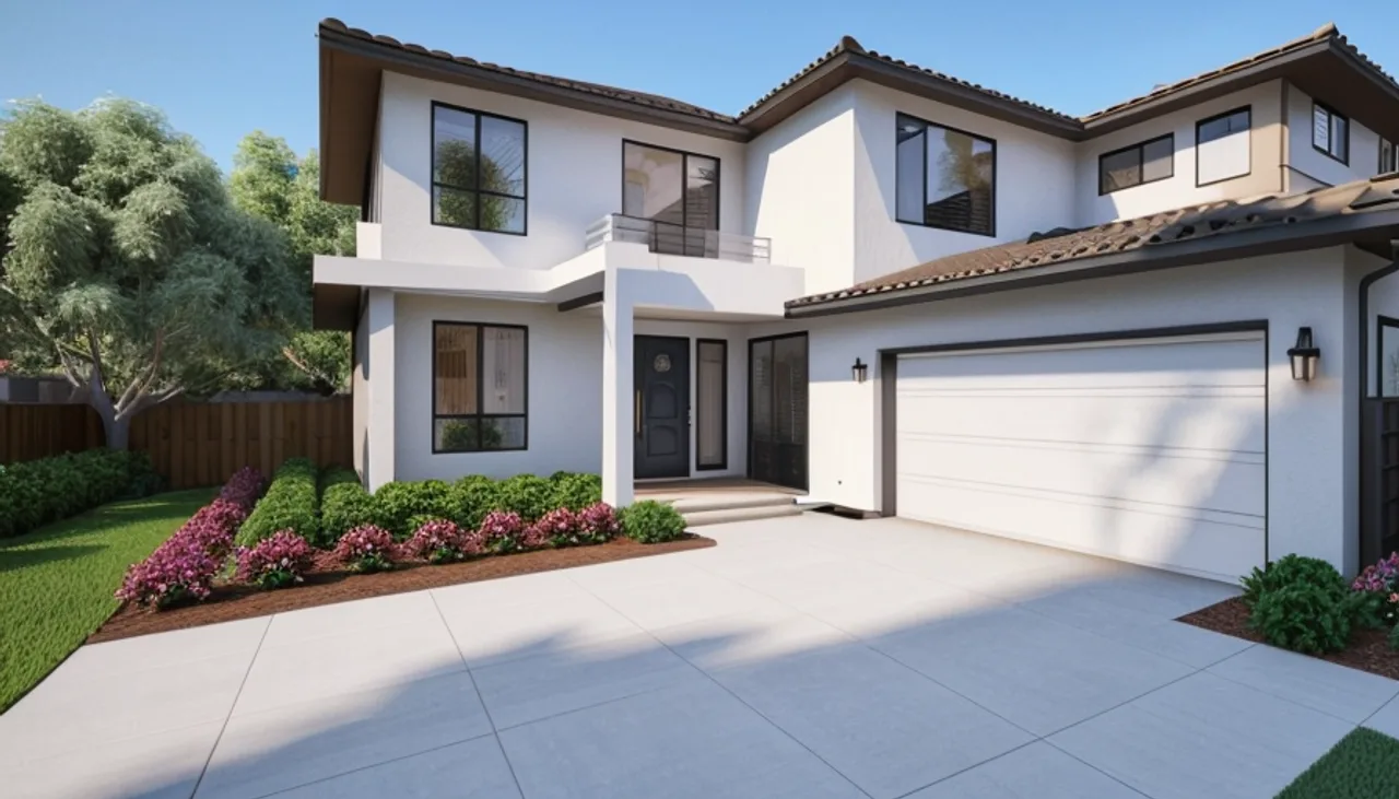 Rendimension concept render of a home exterior in San Diego, CA, modern California style.