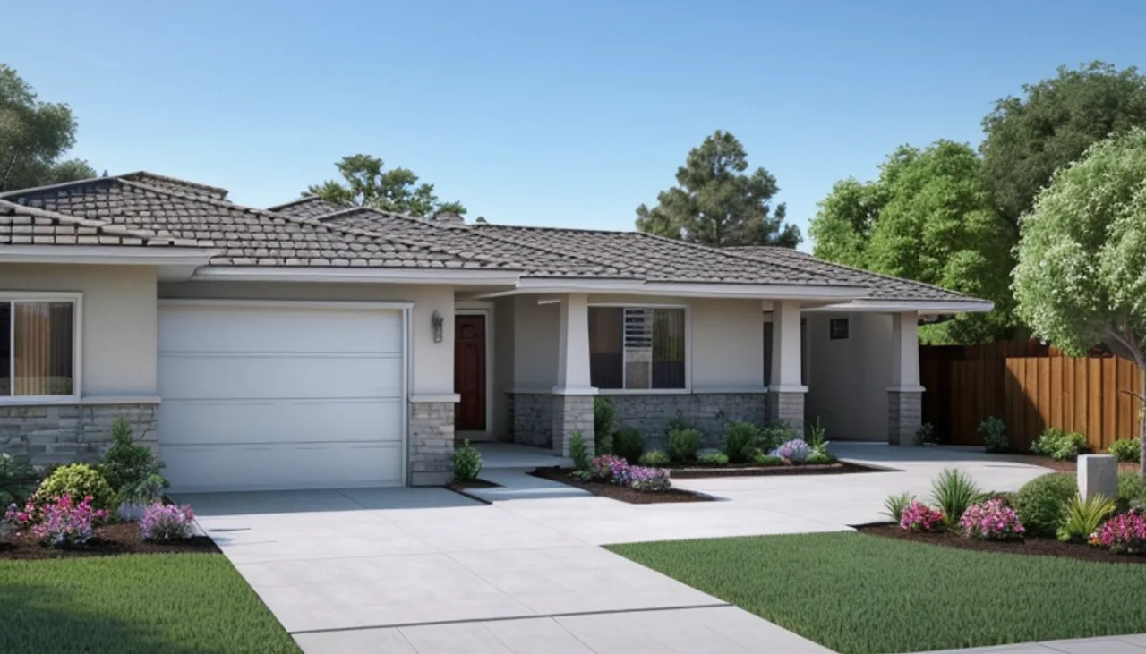 Rendimension concept render of a home exterior in Saratoga, CA, modern California style.