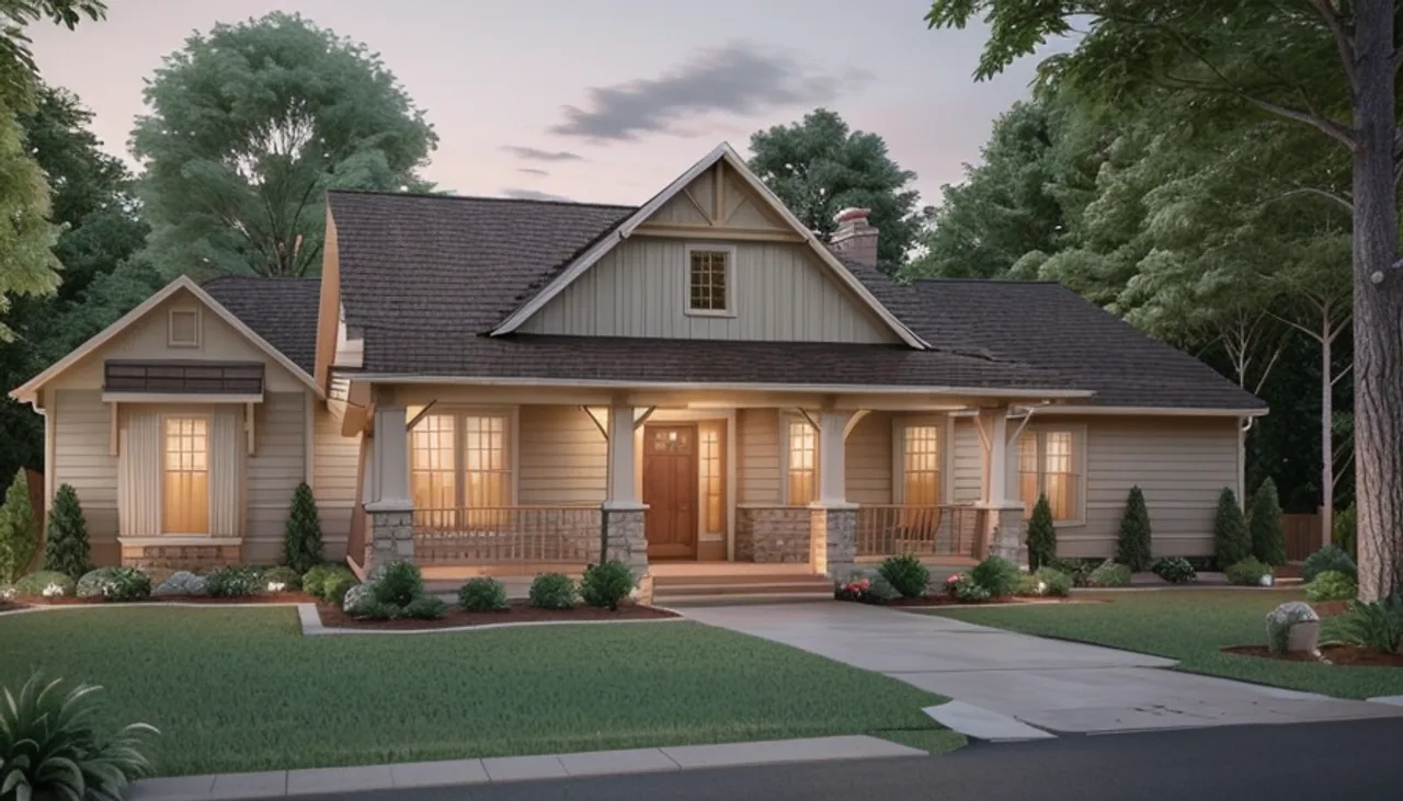Rendimension concept render of a transitional craftsman estate exterior in Weddington, NC, with a stone base, board-and-batten siding, a covered porch and a wooded lot at golden hour.