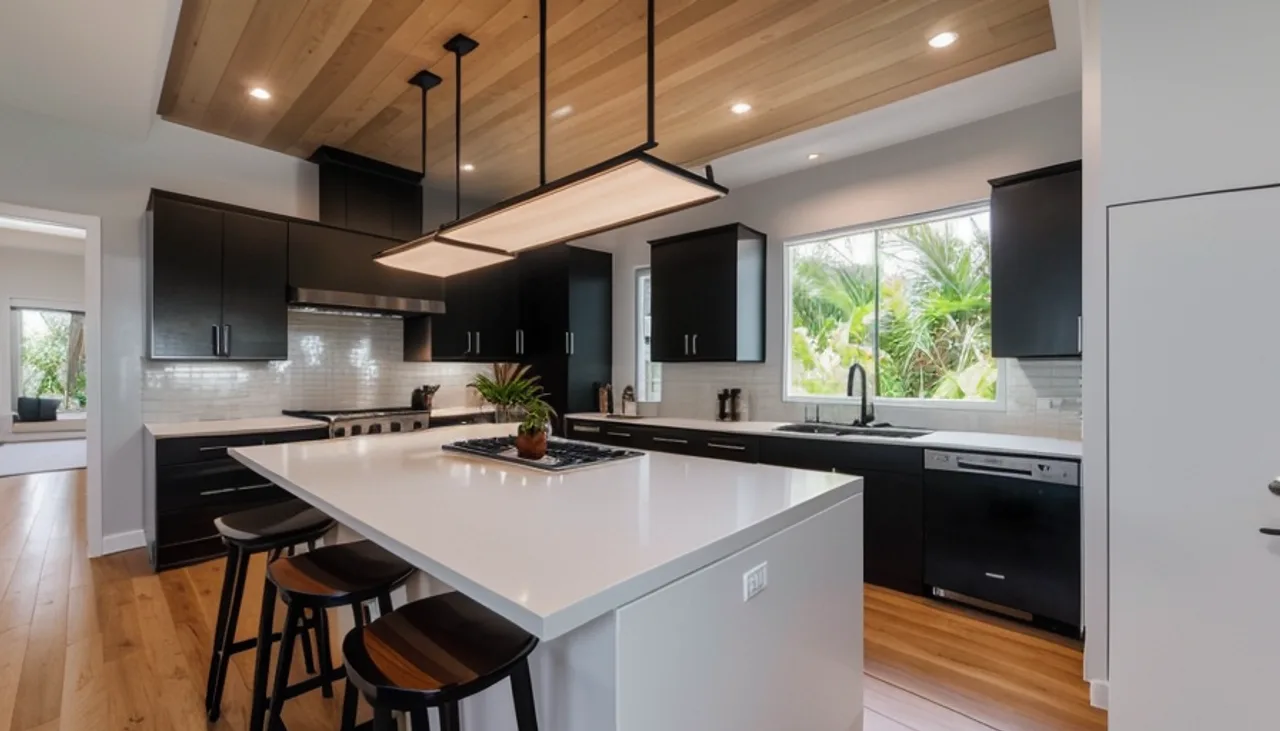 Rendimension concept render of a kitchen remodel in Aqualane Shores, FL, coastal contemporary style.