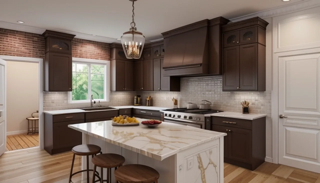 Rendimension concept render of a kitchen remodel in Austin, TX, transitional Texas style.
