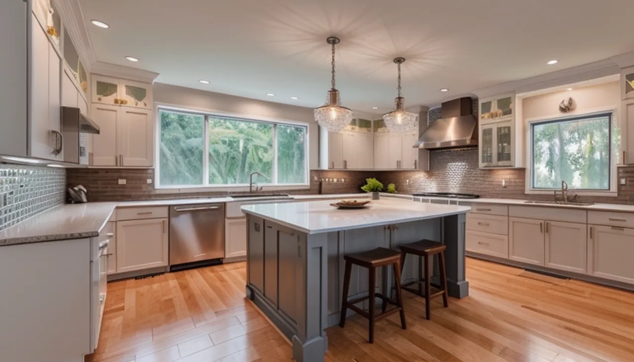 Rendimension concept render of a kitchen remodel in Ballantyne, NC, transitional craftsman style.