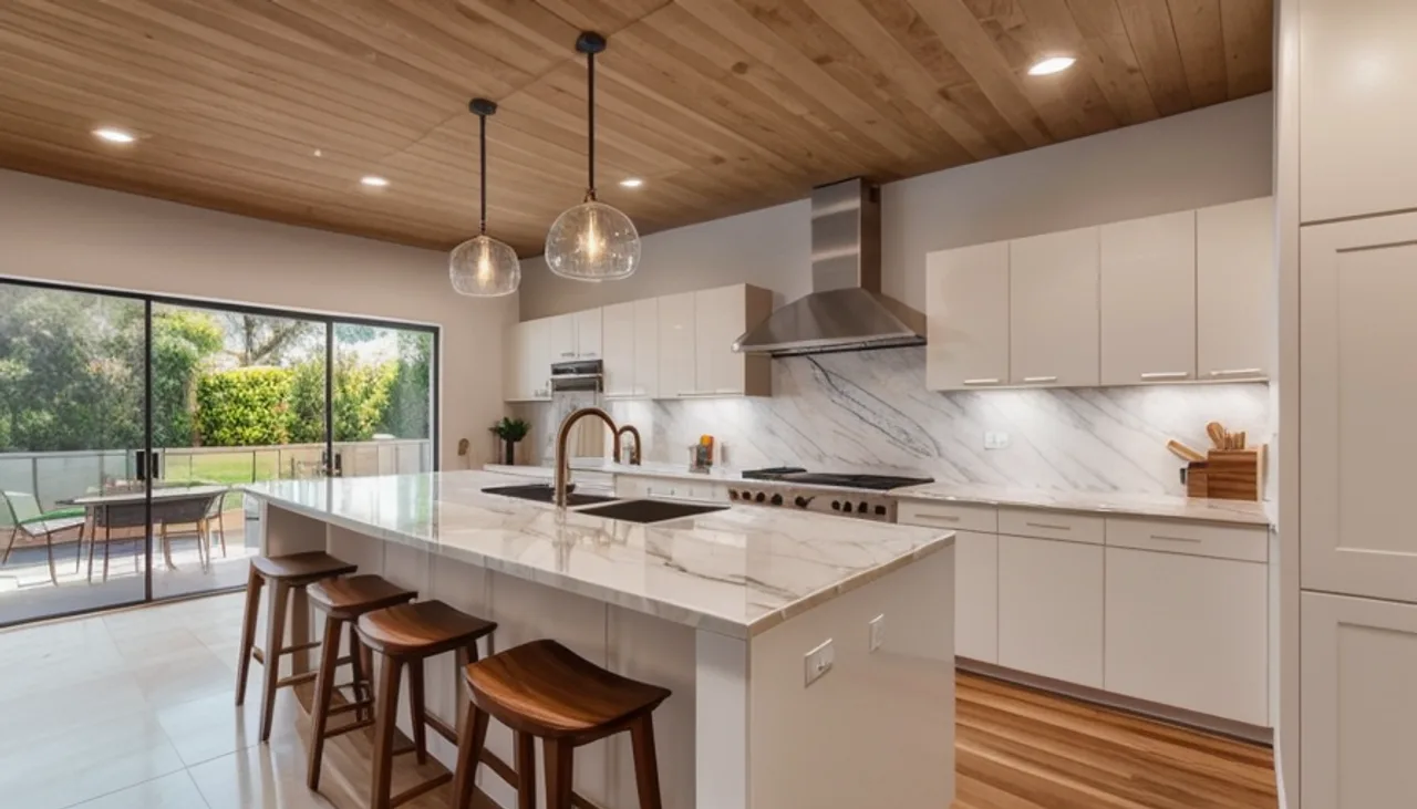 Rendimension concept render of a kitchen remodel in Carmel Valley, CA, modern California style.
