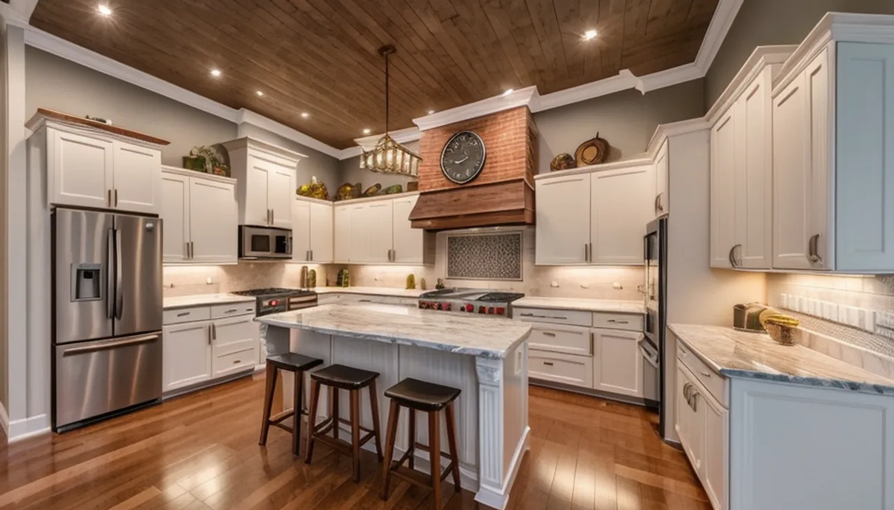 Rendimension concept render of a kitchen remodel in Cary, NC, transitional craftsman style.