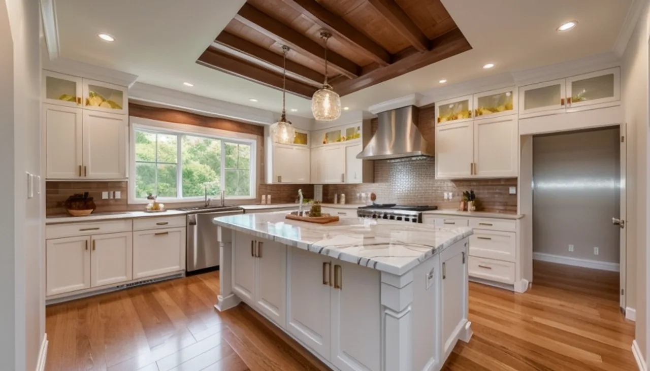 Rendimension concept render of a kitchen remodel in Chapel Hill, NC, transitional craftsman style.