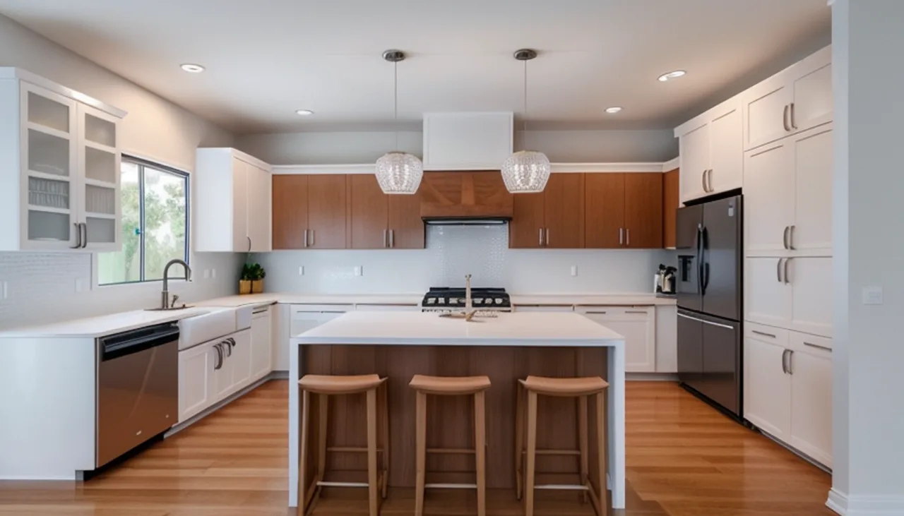 Rendimension concept render of a kitchen remodel in Del Mar, CA, modern California style.