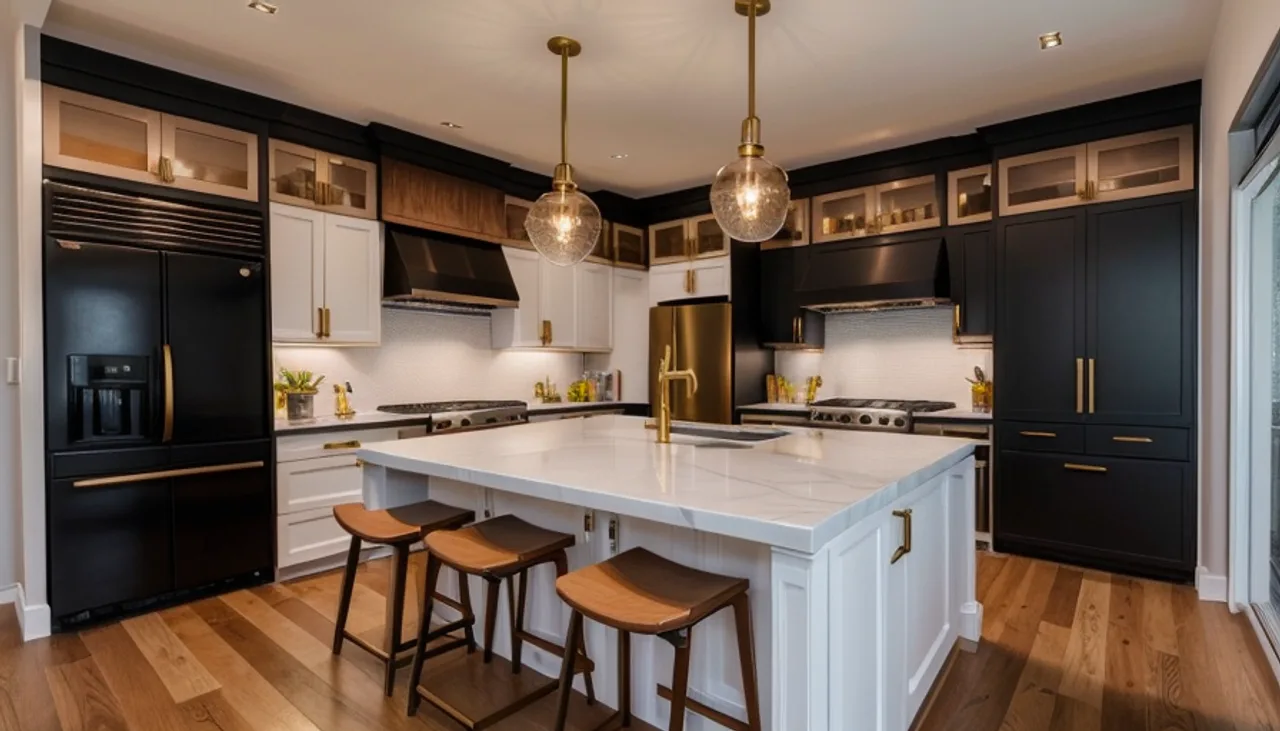 Rendimension concept render of a kitchen remodel in Franklin, TN, transitional farmhouse style.