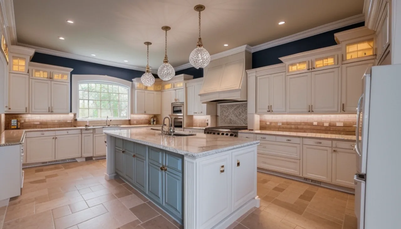 Rendimension concept render of a kitchen remodel in Frisco, TX, transitional Texas style.