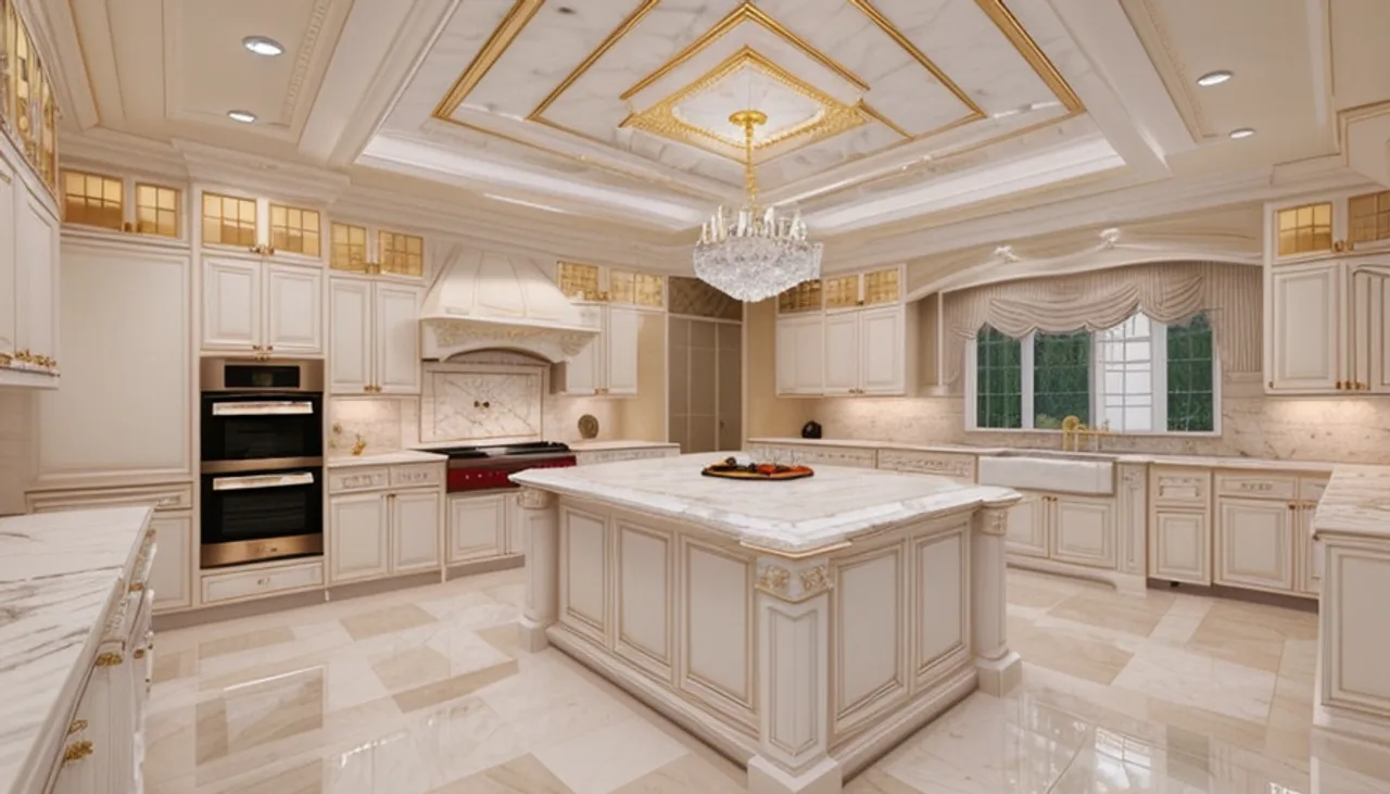 Rendimension concept render of a luxury traditional kitchen in Highland Park, Dallas TX, with marble counters, custom cream cabinetry, a coffered ceiling and a crystal chandelier.