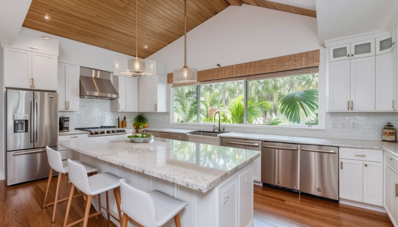 Rendimension concept render of a kitchen remodel in Jupiter, FL, coastal contemporary style.
