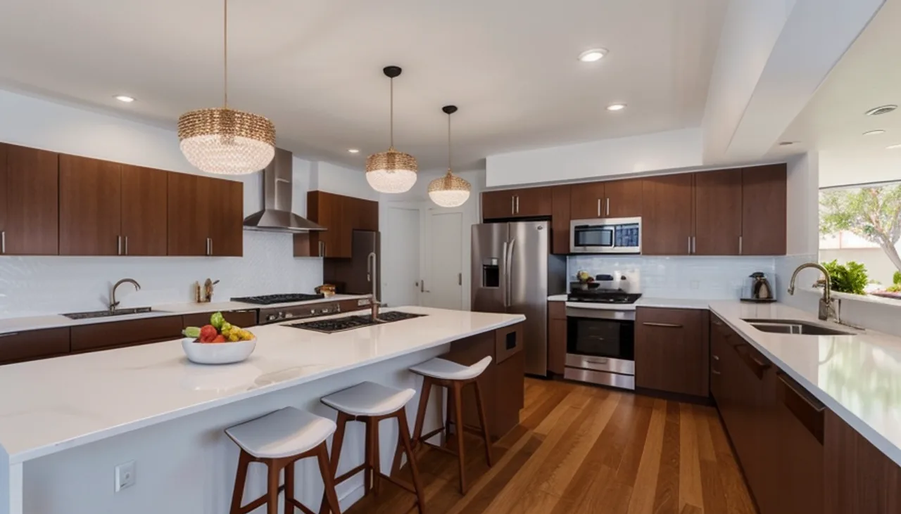 Rendimension concept render of a kitchen remodel in La Jolla, CA, modern California style.