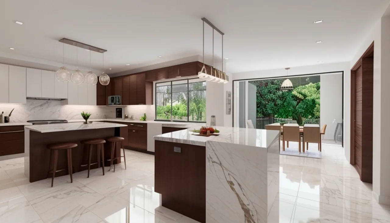 Rendimension concept render of a kitchen remodel in Laguna Beach, CA, modern California style.