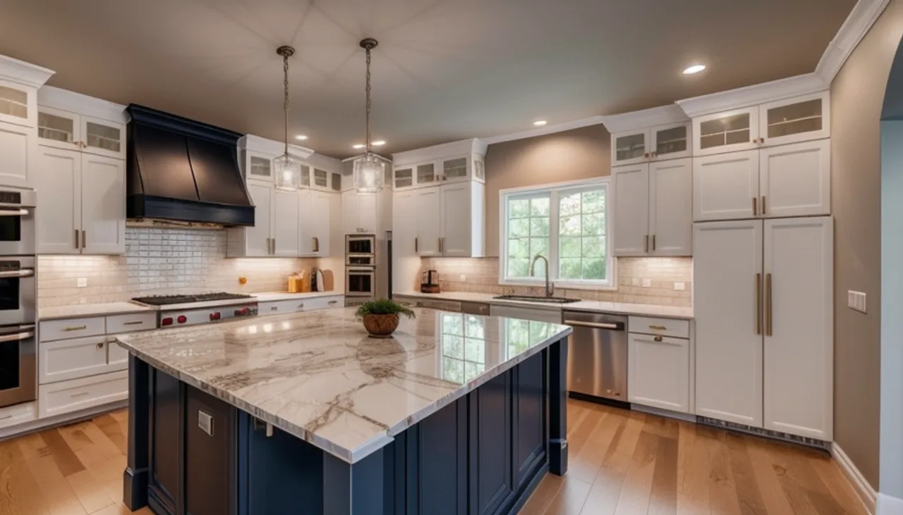 Rendimension concept render of a kitchen remodel in Lakeway, TX, transitional Texas style.
