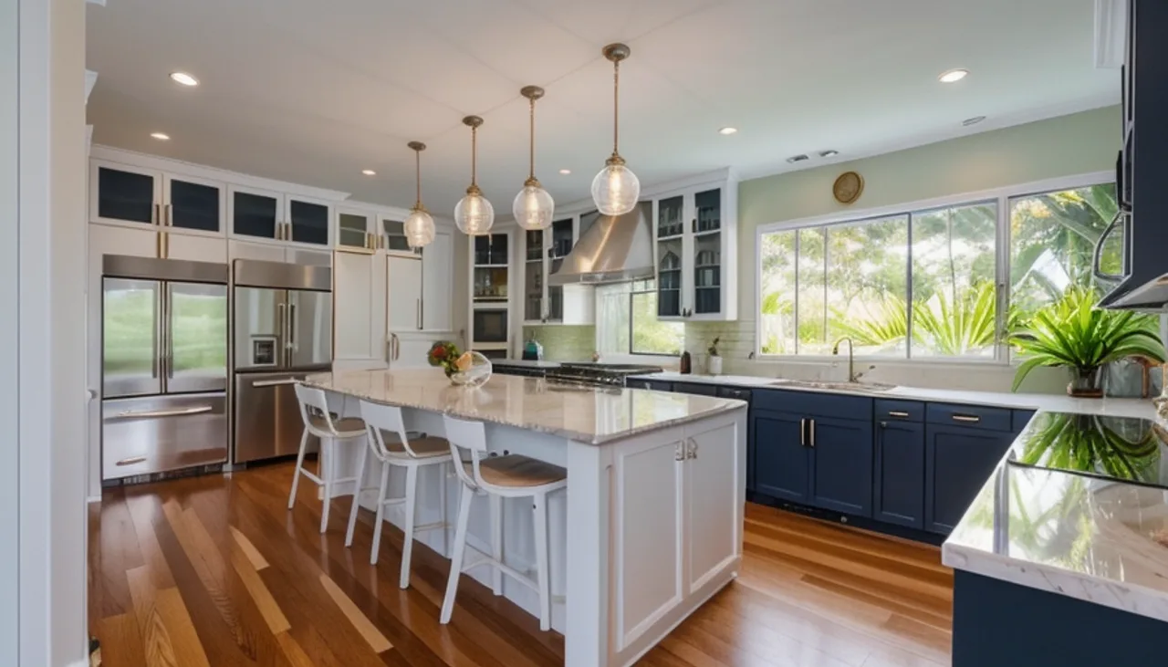 Rendimension concept render of a kitchen remodel in Las Olas, FL, coastal contemporary style.