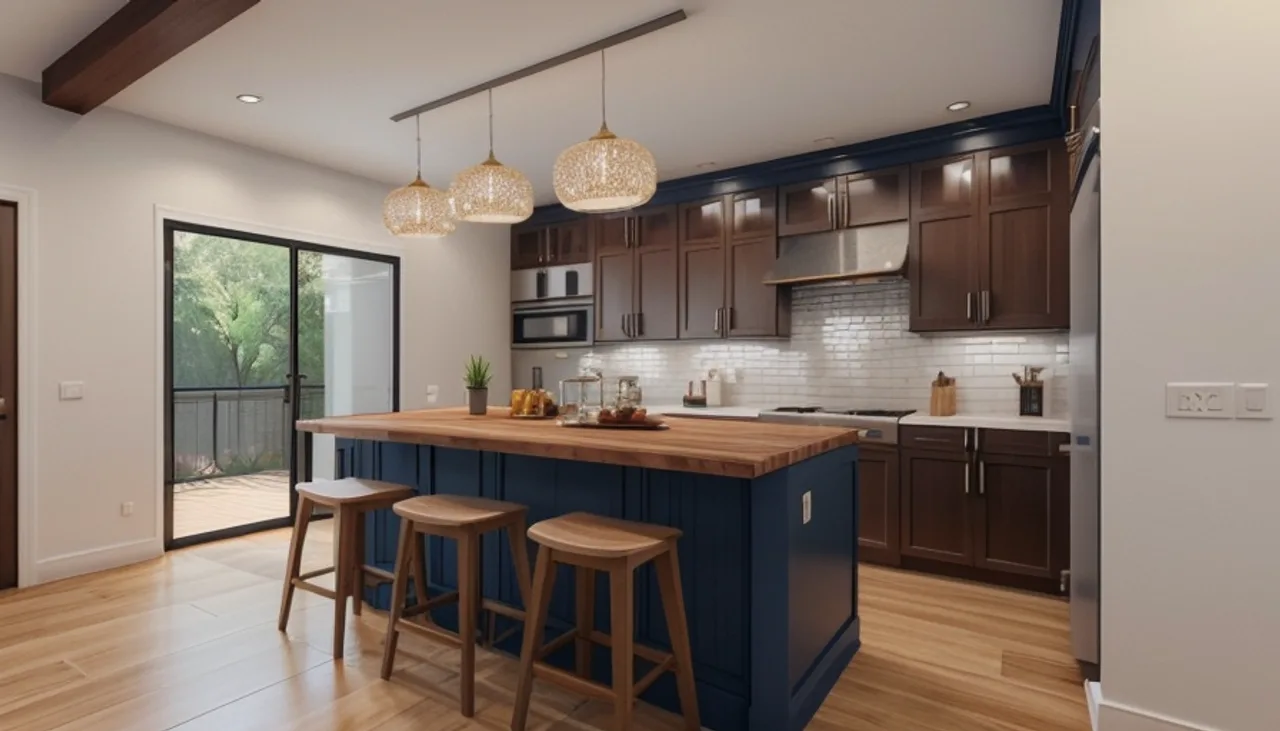 Rendimension concept render of a kitchen remodel in Myers Park, NC, transitional craftsman style.