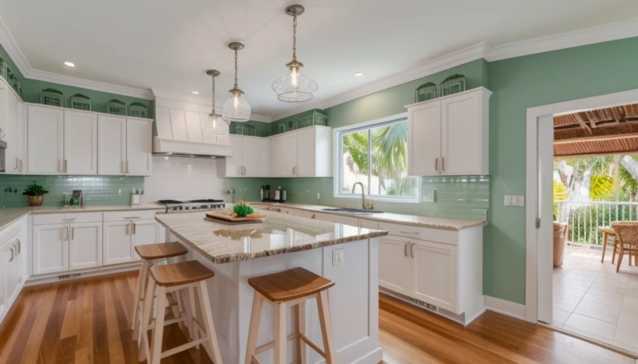Rendimension concept render of a kitchen remodel in Naples, FL, coastal contemporary style.