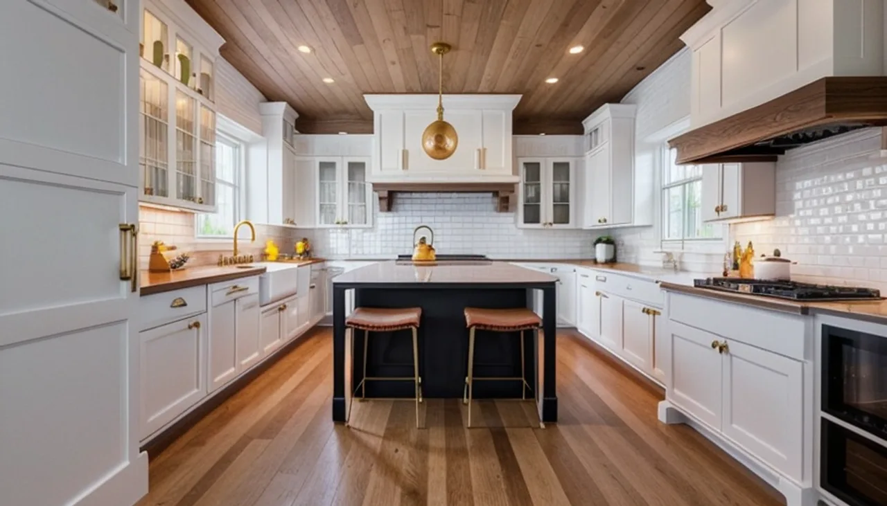 Rendimension concept render of a modern farmhouse kitchen remodel in Nashville, TN, with two-tone white shaker cabinets, a stained-oak plank ceiling, aged-brass pendants and a navy island.