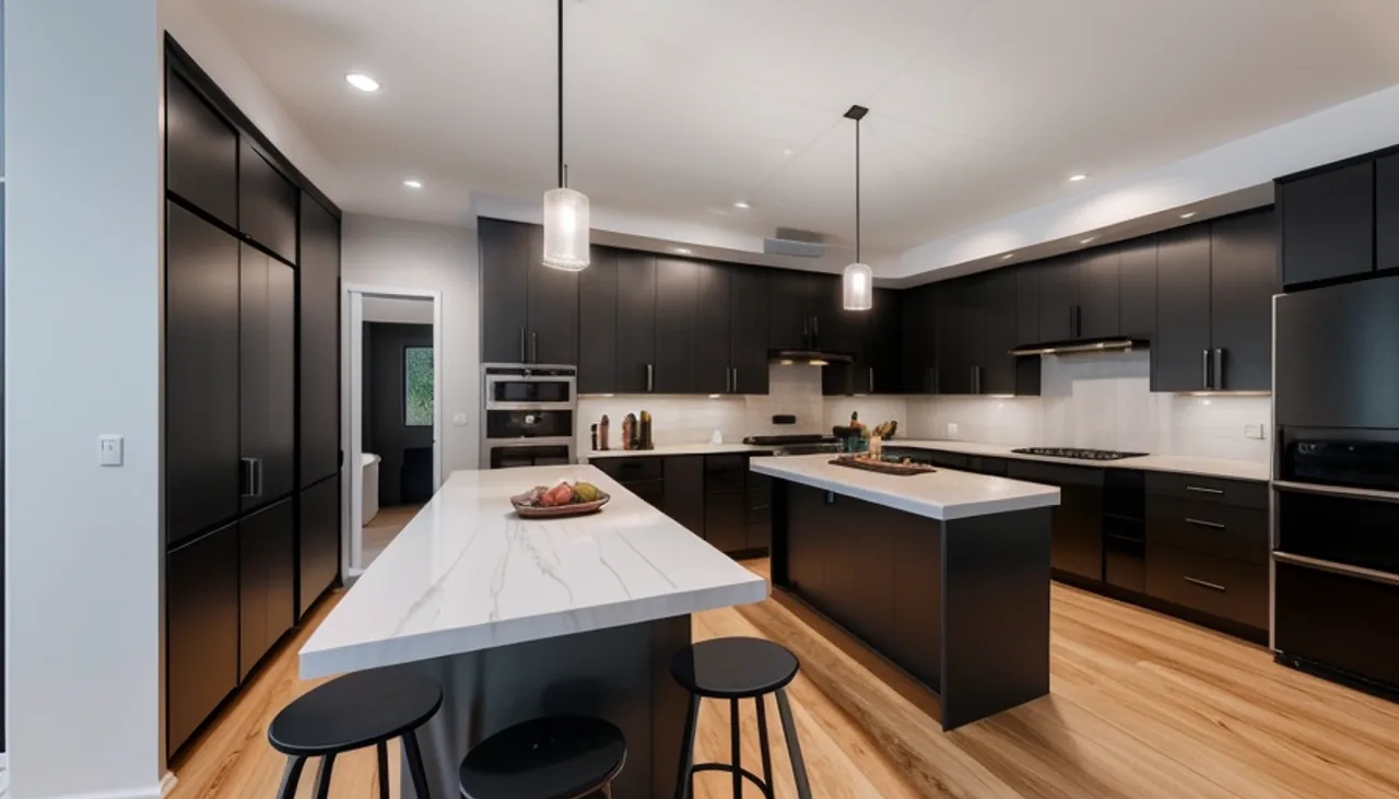 Rendimension concept render of a kitchen remodel in Newport Beach, CA, modern California style.