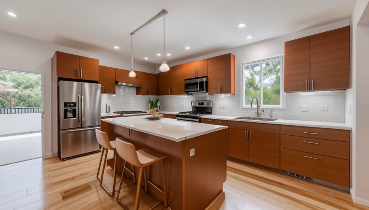 Rendimension concept render of a kitchen remodel in Orange County, CA, modern California style.