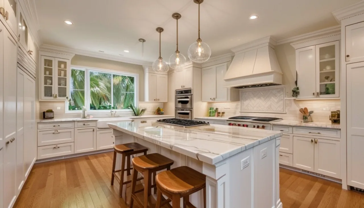 Rendimension concept render of a kitchen remodel in Palm Beach, FL, coastal contemporary style.