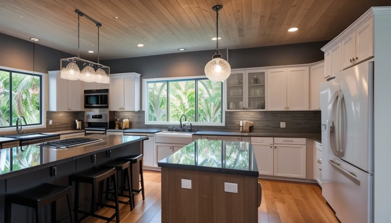Rendimension concept render of a kitchen remodel in Pelican Bay, FL, coastal contemporary style.