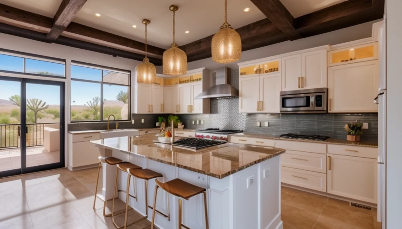 Rendimension concept render of a kitchen remodel in Phoenix, AZ, desert contemporary style.